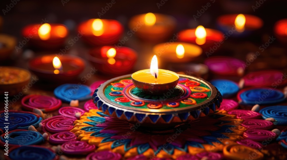 Oil lamps lit on colorful rangoli during diwali celebration Colorful clay diya lamps with flowers Oil lamps lit on colorful rangoli during diwali celebration Colorful clay diya lamps with flowers