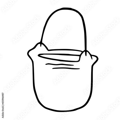 Simple line drawing of a cauldron with a handle, showing a vintage cooking pot or container.