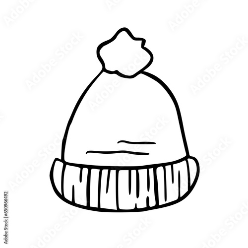 Simple black and white line drawing of a winter hat with a pom-pom on top and a ribbed brim.