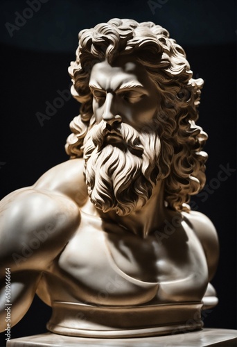 A Statue from a muscular Greek god Statue with a wavy midden  Part Hair out of white Marble with a black background Standing on a poets animated style 8k