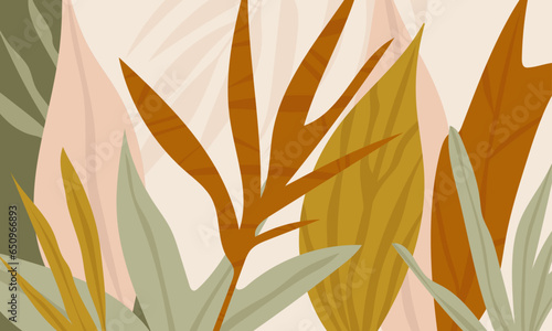 Tropical vector background of autumn foliage. Natural shades exotic leaves, palm trees, grass. Artistic design for banner, print, presentation, packaging.