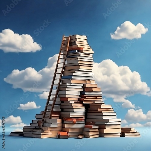 Abstract book stack with ladder on sky with clouds background. Ladder going on top of huge stack of books. Education and growth concept. 3D Rendering._magic
