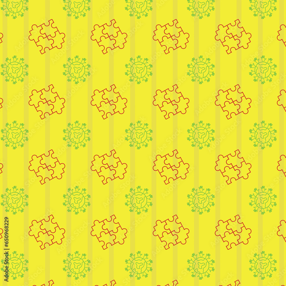 Digital png illustration of puzzles and globe with hands repeated on yellow background Digital png illustration of puzzles and globe with hands repeated on yellow background