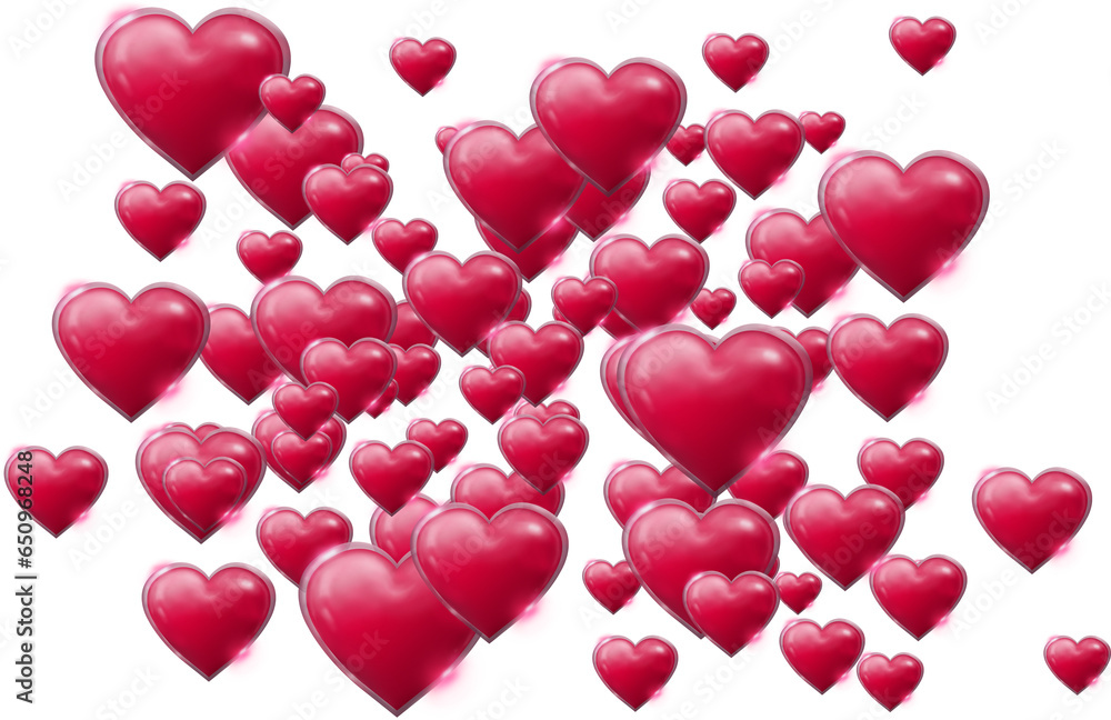 Digital png illustration of many red shiny hearts on transparent background