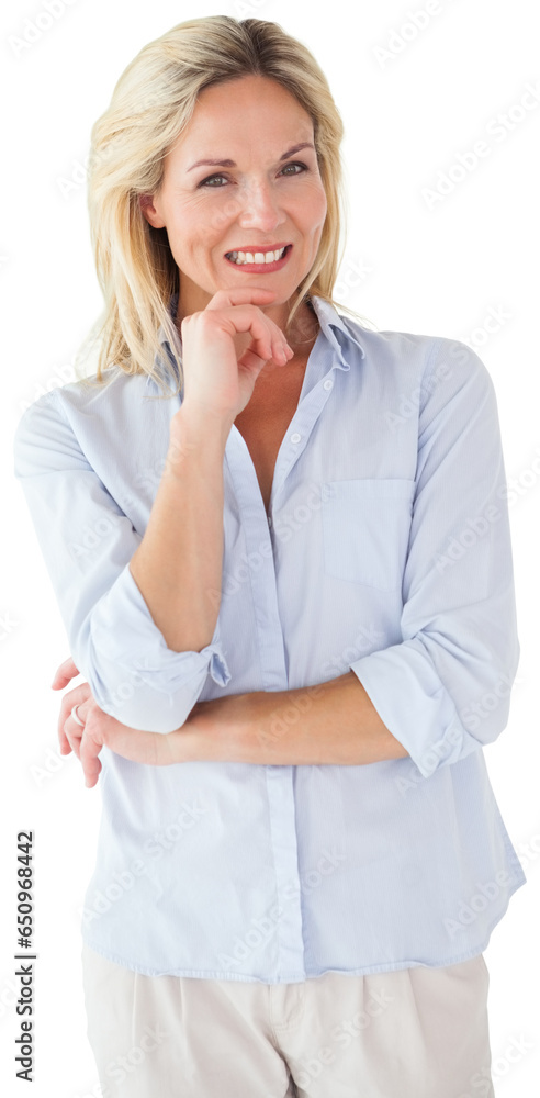 Digital png photo of happy caucasian woman standing on transparent background Digital png photo of happy caucasian woman standing on transparent background