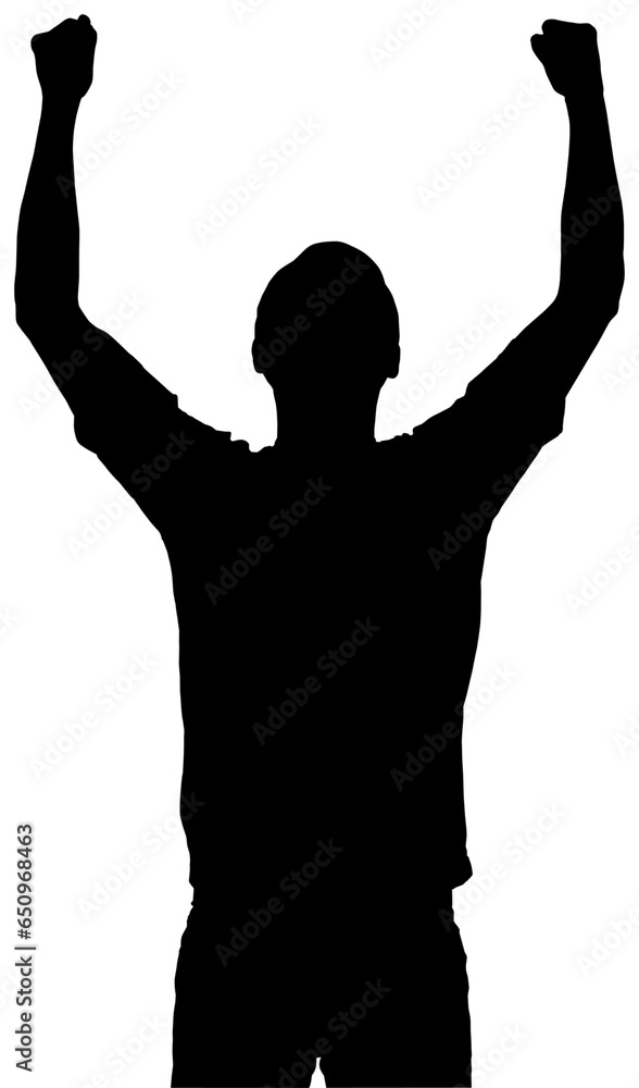 Digital png silhouette of man raising hands with fists up on transparent background