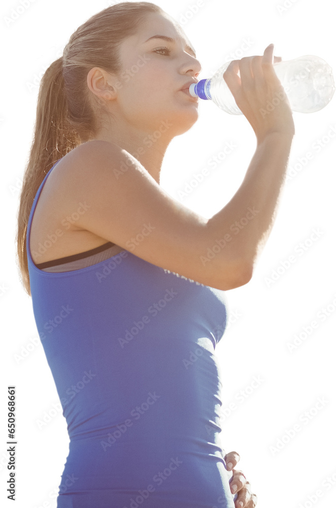 Naklejka premium Digital png photo of caucasian female runner drinking water on transparent background