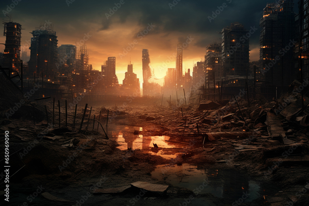 the destroyed city is burning Doomsday. End of the world. Burning fire, explosions, the destroyed city is burning Doomsday. End of the world. Burning fire, explosions,