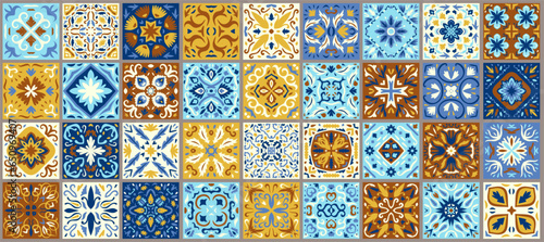 Set of patterned azulejo floor tiles. Abstract geometric background. Collection of ceramic tiles in turkish style. Seamless colorful patchwork. Portuguese and Spain decor. Islam, Arabic, Indian motif.