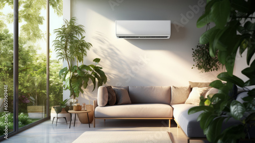 A heat pump with an air source is installed in a residential building. Sustainable and clean energy at home.