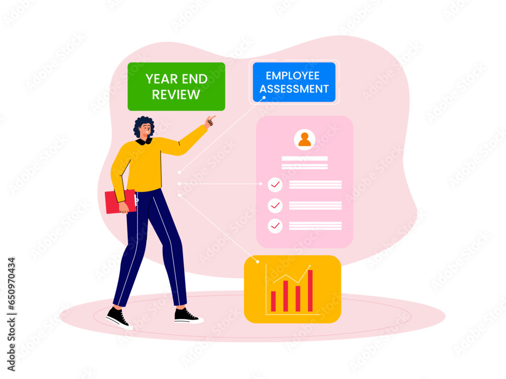 End of year celebration party concept vector illustration. Year end flat vector illustration. Business woman reviewing work and employees