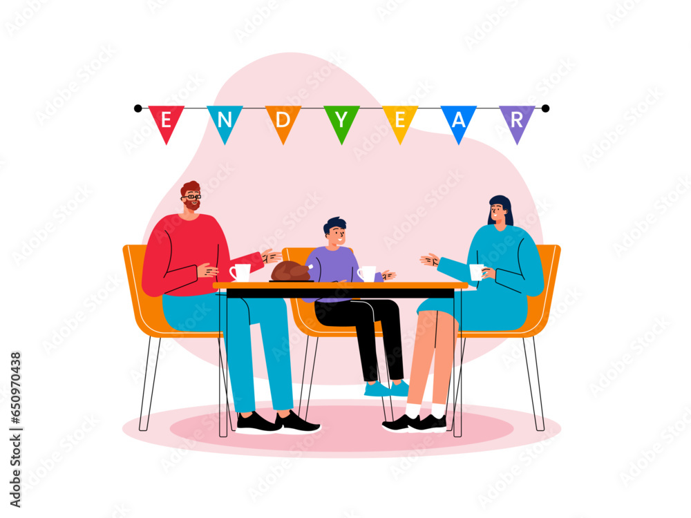End of year celebration party concept vector illustration. Year end flat vector illustration. The family is celebrating the end of the year celebration
