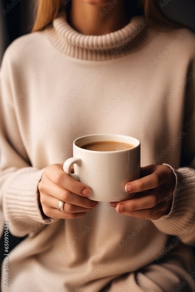 Morning with the exquisite aroma of freshly brewed coffee. Young woman with a cup of coffee in her hands stands at the window at home. Cozy atmosphere, weekend morning. Hands close-up. Vertical photo.