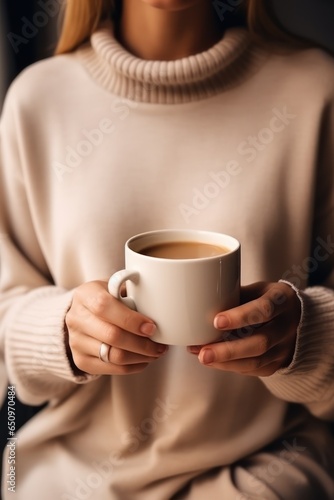 Morning with the exquisite aroma of freshly brewed coffee. Young woman with a cup of coffee in her hands stands at the window at home. Cozy atmosphere  weekend morning. Hands close-up. Vertical photo.