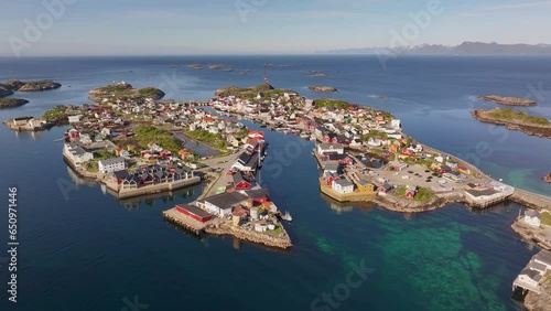 Aerial view of Henningsvaer village in Lofoten, Norway. A popular travel destination.