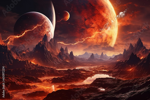 an alien landscape with red and orange clouds