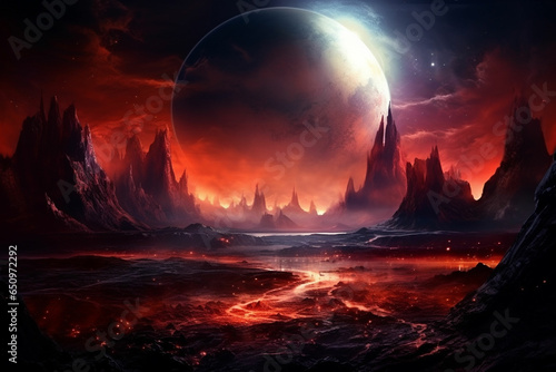 an alien landscape with red and orange clouds