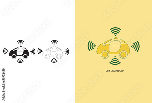A collection of vector icons illustrating the sensor control system of autonomous self-driving cars, featuring editable stroke outlines. These icons portray driverless vehicles with advanced assistanc