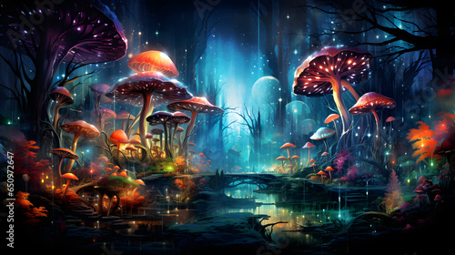 Fantasy fantasy landscape with fantasy forest, bridge and mushrooms, ai generated photo