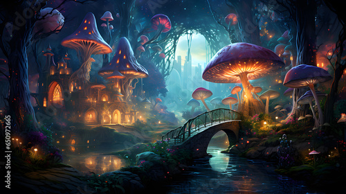 Fantasy fantasy landscape with fantasy forest  bridge and mushrooms  ai generated