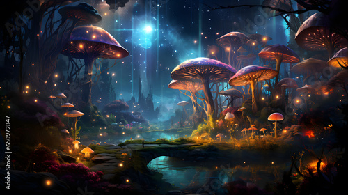 Fantasy forest with mushrooms. Fairytale landscape. ai generated