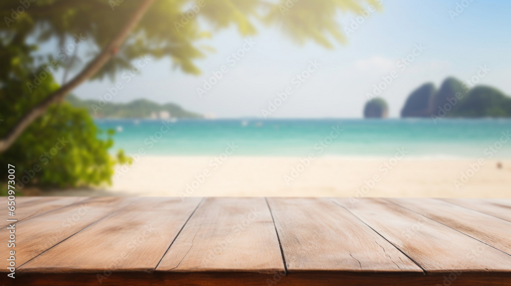 Empty wooden table top with blur background of the beach