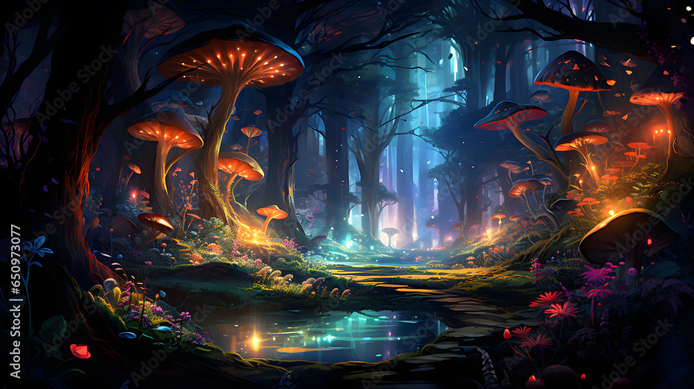 Fantasy landscape with magic forest and mushrooms, ai generated