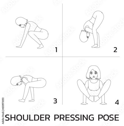 Shoulder Pressing Pose Yoga Manga Tutorial How Cartoon Vector Illustration Black and White