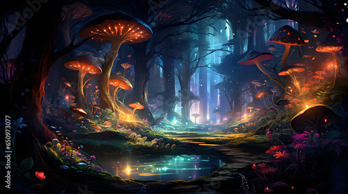 Fantasy landscape with magic forest and mushrooms, ai generated © Jharna