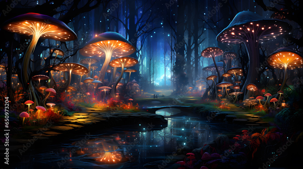 Fantasy landscape with magic forest and mushrooms, ai generated