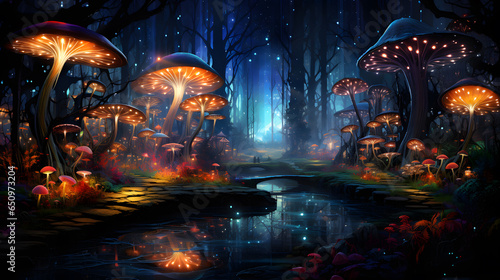 Fantasy landscape with magic forest and mushrooms, ai generated