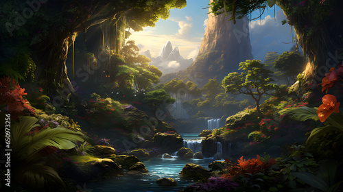 Fantasy landscape with waterfall in the jungle, ai generated © Jharna