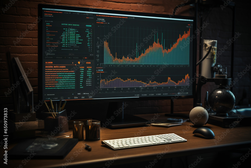 two computer monitors with stock market graphs on them two computer monitors with stock market graphs on them