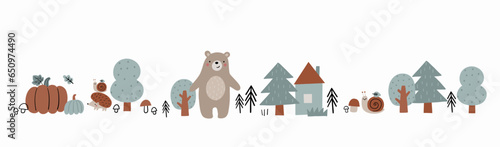 Cute woodland vector outline illustration. Cartoon bear, fox, hedgehog, badger, tree in forest- print in doodle style