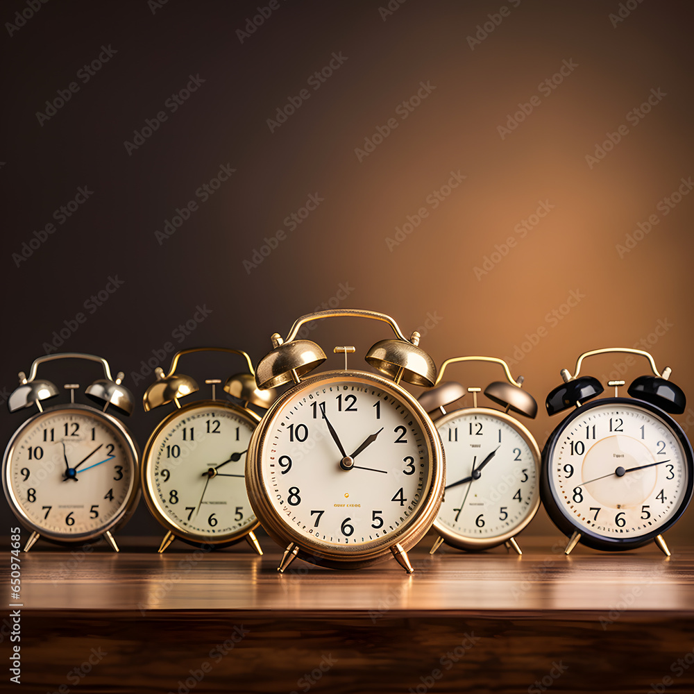 Alarm clock on wood table and brown background. 3d rendering Alarm clock on wood table and brown background. 3d rendering