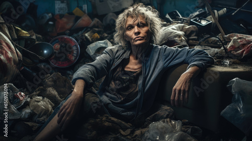 Depressed Elderly Woman Sits in a Very Dirty Room. Social Problems, ADHD Concept 