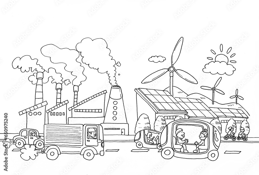 脱炭素社会・カーボンニュートラルの実現に向けたビフォーアフターのイメージイラスト（線画）