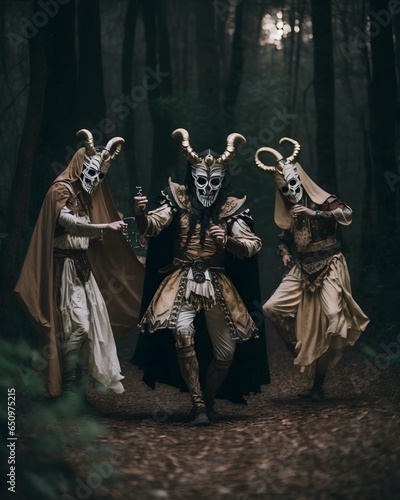 professional fashion photography three cultists with ivory horned masks in a forest clearing they are dancing creepy mysterious vibes 8K sharpfocus intricatelydetailed diffusebacklightings  photo