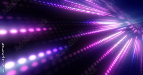 Abstract bright purple background pattern of flying lines of dots and glowing circles of futuristic digital energy magical bright particles