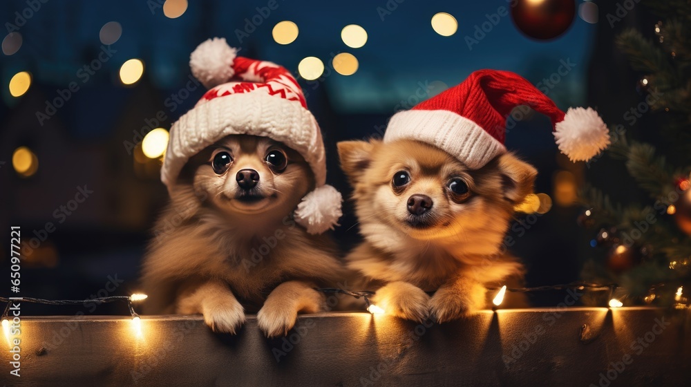 Funny American Akita puppy Two people wearing antlers and Santa hats sit on the front porch celebrating the 2024 New Year. Funny American Akita puppy Two people wearing antlers and Santa hats sit on the front porch celebrating the 2024 New Year.