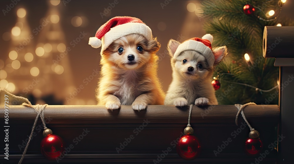 Funny American Akita puppy Two people wearing antlers and Santa hats sit on the front porch celebrating the 2024 New Year. Funny American Akita puppy Two people wearing antlers and Santa hats sit on the front porch celebrating the 2024 New Year.