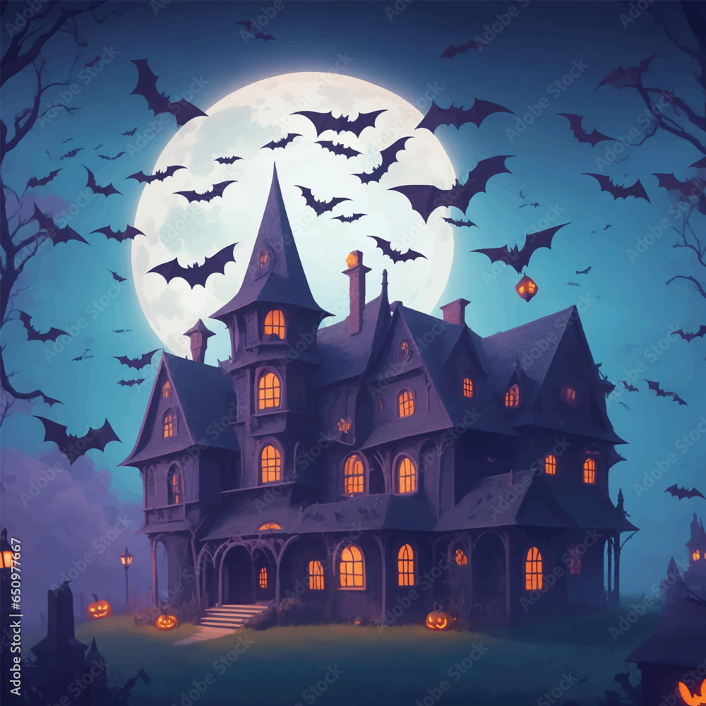 spooky halloween house with bats flying over
