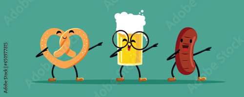 Traditional Oktoberfest Celebration Foods and Drinks Dancing Vector Cartoon. Happy cheerful characters celebrating at beer festival 
