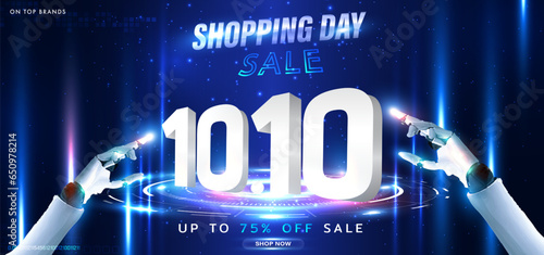 10.10 Shopping Day Sale on Futuristic Technology Poster or Banner. 3d futuristic neon gadget sale ad template. 10 October sales banner template for social media, website. Digital online. Vector EPS10.