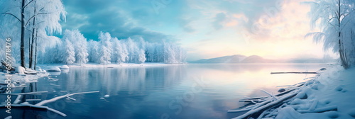lakeside view during winter  where snow blankets the surroundings  trees stand still  and the icy water surface mirrors