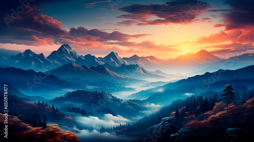 mountain landscape at sunrise, with rolling valleys and the soft glow of the morning sun