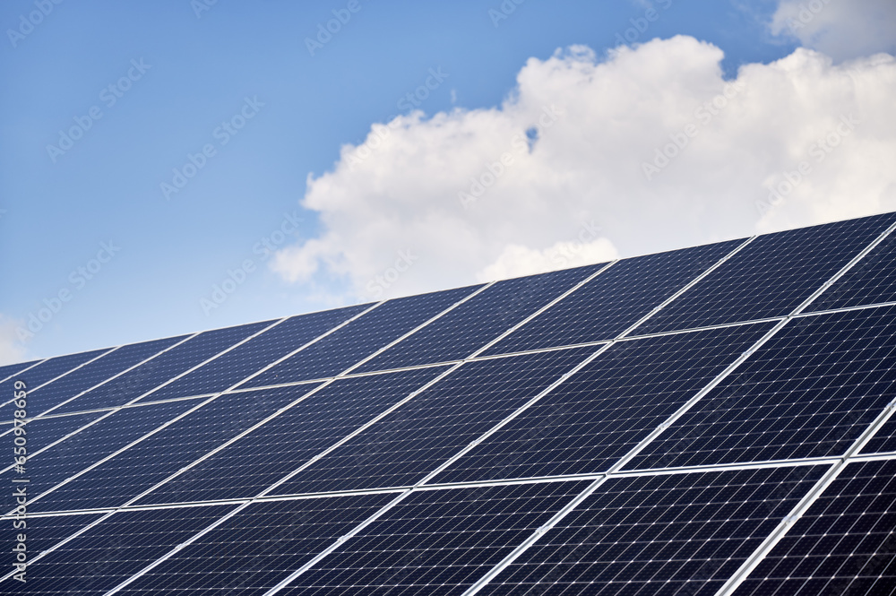 Big solar farm giving large amount of renewable energy. Dark blue PV panels taking energy from sun. Concept of innovations in green energy industry. Big solar farm giving large amount of renewable energy. Dark blue PV panels taking energy from sun. Concept of innovations in green energy industry.