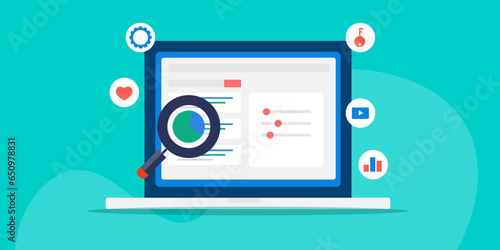 Search engine algorithm change, website ranking update and SEO analysis on laptop computer, vector illustration web banner template.