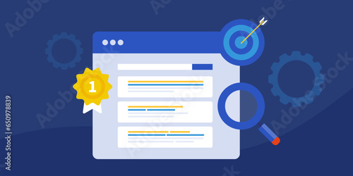 Top website ranking on search engine, SEO marketing, target keyword and online web traffic concept, business technology vector illustration web banner.