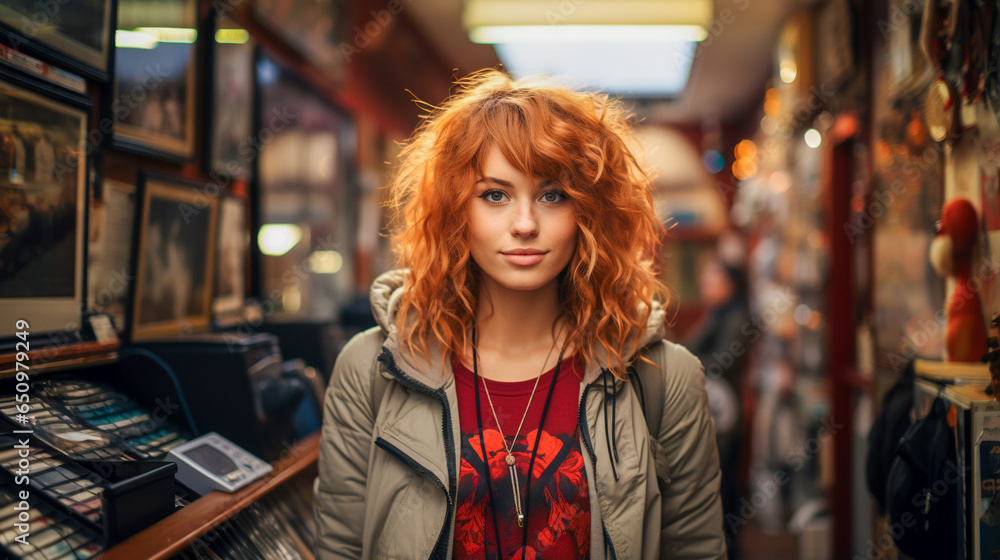Young woman standing at a front of music store, AI generated